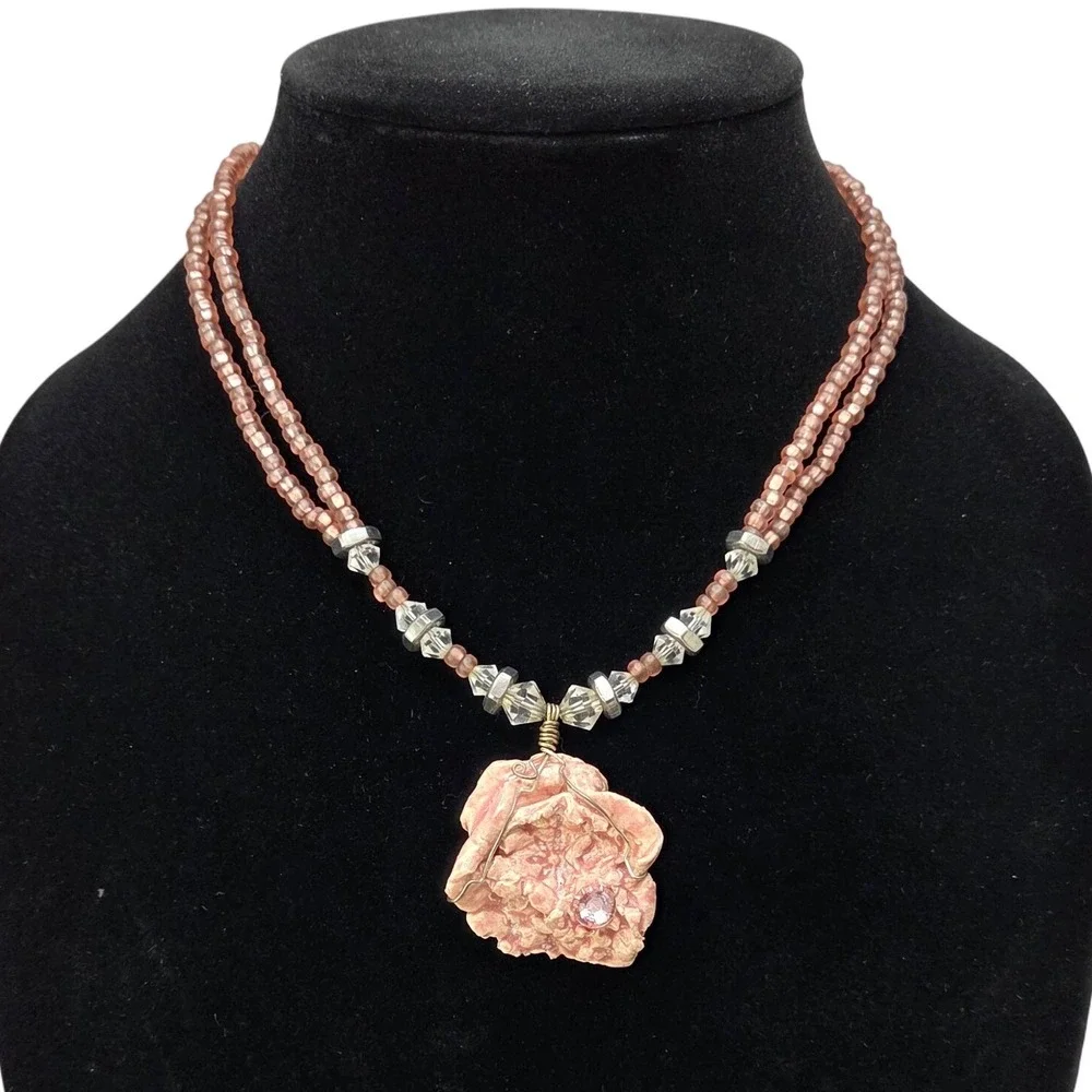Pink Rose Pendant‎ Necklace Two Strand Seed Bead Crystal Accent Toggle Clasp